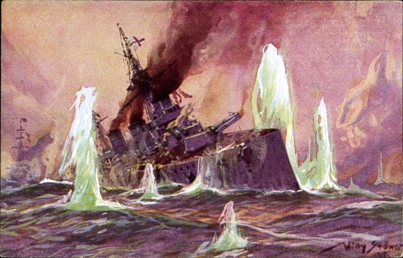 Artist PC Stöwer, Willy, Naval Battle North Sea 1915, English battle cruiser, German cruiser