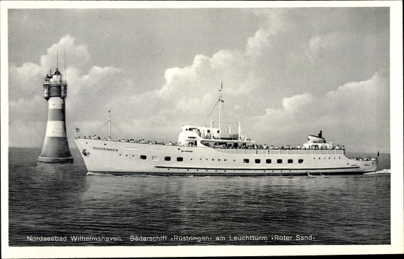 Postcard Nordseebad Wilhelmshaven, bathing ship Rüstringen at the Roter Sand lighthouse