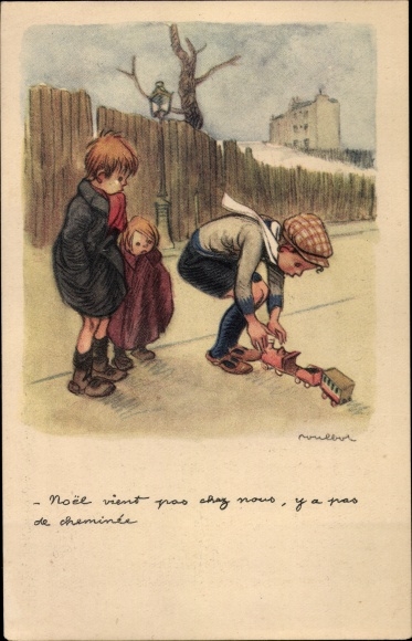 Artist PC Poulbot, Francisque, boys with toy train, Ligue Nationale contre le Taudis