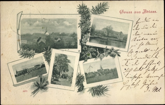 Postcard Ablass Mügeln in Saxony, general view, church, partial views