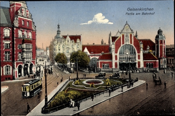 Postcard Gelsenkirchen in the Ruhr area, train station, tram