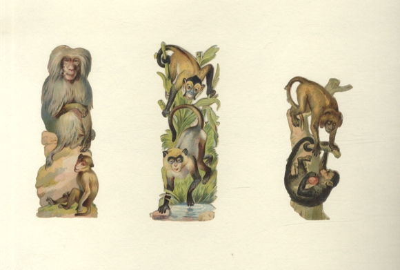 3 wafer monkeys, each approx. 12.5 x 4.5 cm and 10 x 4 cm