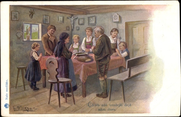 Artist Postcard Döcker, E., Family in Czech costumes at table prayer