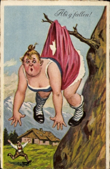 Postcard Abi g'fallen, woman in underwear hangs from a branch after falling from a cliff