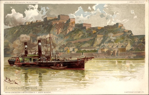 Artist Chromo-Litho Reiss, Fr., Ehrenbreitstein Koblenz am Rhein, place, saloon steamer, castle