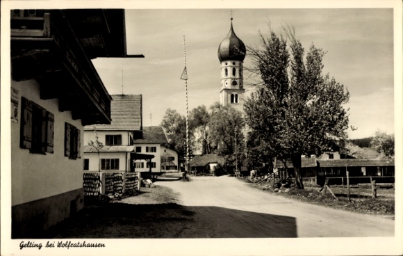 Postcard Gelting Geretsried, street view, view of the church