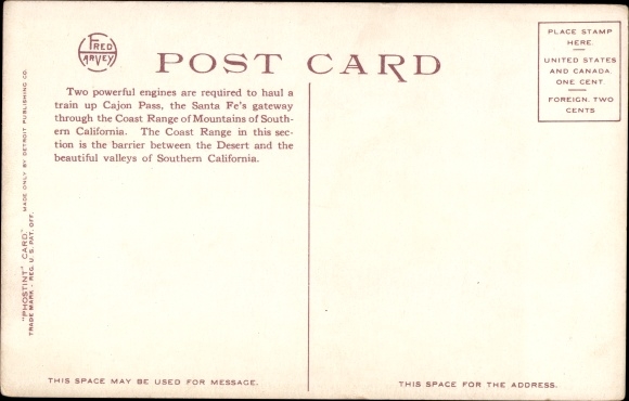 Postcard California USA, Santa Fe train travels up Cajon Pass
