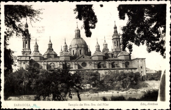 PC Zaragoza Saragossa Aragon, Temple of the Immaculate Conception, black and white, trees in the foreground