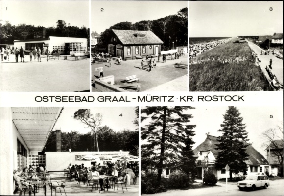 Postcard Ostseebad Graal Müritz, broiler restaurant, milk bar starfish, beach promenade