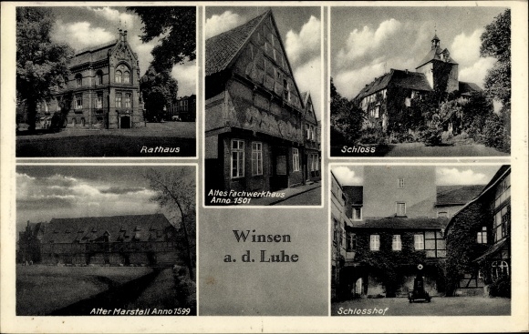 Ak Winsen an der Luhe, Rathaus, Fachwerkhaus Anno 1501, Schloss mit Hof, Marstall Anno 1599