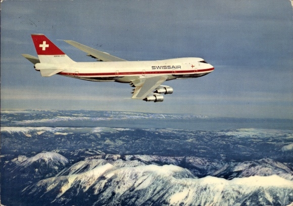 Postcard Swiss passenger aircraft, jumbo jet, Boeing 747-B, Swissair