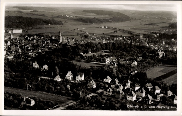 Postcard Biberach an der Riß in Upper Swabia, aerial view of Biberach, green landscape, many houses