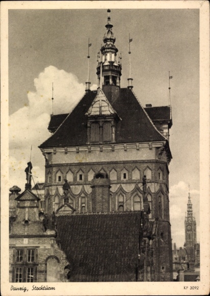 Postcard Gdańsk Danzig, historical building, towers, clouds, black and white photo
