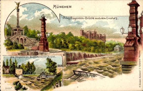 Chromo-Litho Munich, Prinzregenten Bridge after the collapse, collapsed Bogenhausen Bridge