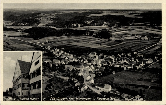 Ak Hayingen auf der Schwäbischen Alb, Luftaufnahme von  Gasthaus Wilden Mann, ländliche Umgebung
