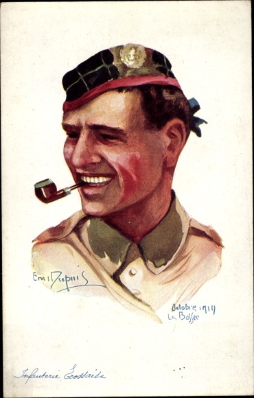 Kunstenaar Ak Dupuis, Em., Infantry Ecossaise, Schotse infanterist, die een pijp rookt