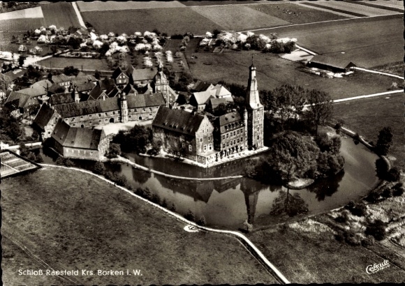 Ak Raesfeld im Münsterland Westfalen, Fliegeraufnahme vom Schloss mit Ort