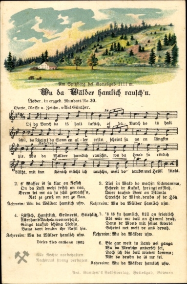Song Postcard Günther, Anton, Wu da Wälder hamlich rausch'n, Erzgebirge dialect No. 30, Spitzberg