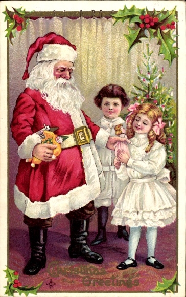 In reliëf gemaakte Ak Gefeliciteerd Kerstmis, Kerstman, hulsttak, kinderen