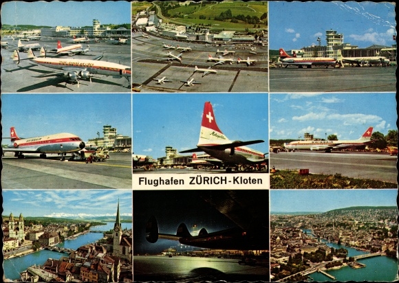 Postcard Kloten Canton Zurich Switzerland, Airport, Swiss Air passenger plane