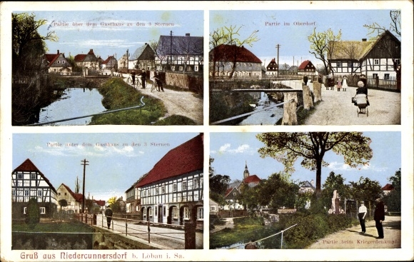 Ak Niedercunnersdorf Kottmar in Oberlausitz, herberg aan de 3 sterren, Oberdorf, oorlogsmonument