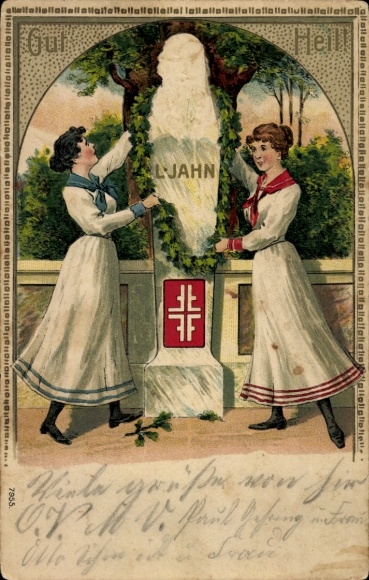 Embossed Chromo-Litho Women decorate Jahn's monument, Turnerkreuz, BB&OL
