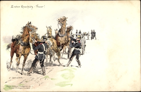 Kunstenaarskaart Becker, Carl, eerste geweer, vuur, soldaten met hun paarden