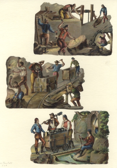 3 Oblaten Bergbau, Bergleute, je ca. 9 x 13,5 cm