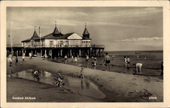 Postcard Baltic Sea resort Ahlbeck on Usedom, pier, beach, bathers, children, summer, vacation