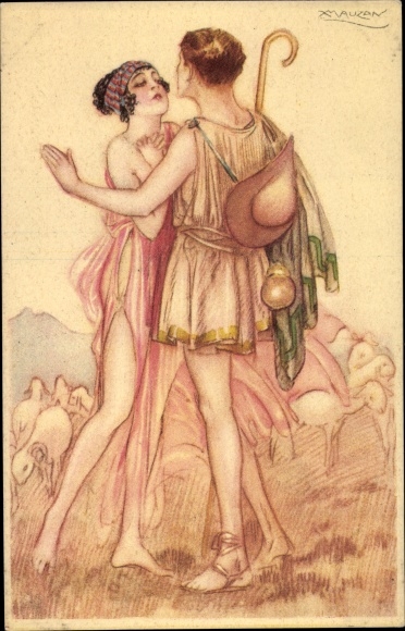Artist Postcard Mauzan, lovers, shepherd, flock of sheep