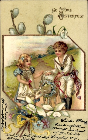 Präge Passepartout Ak Glückwunsch Ostern, Kinder, Schaf