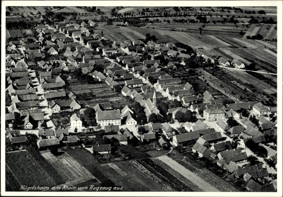 Postcard Hügelsheim am Rhein, aerial photograph