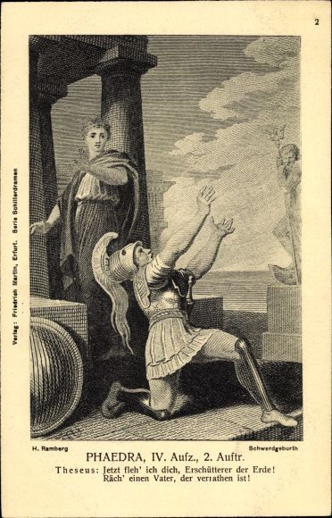Kunstenaar Ak Ramberg, Theseus knielt voor een standbeeld en smeekt de aardebeweger om...