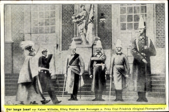 Postcard Der Lange Josef, Kaiser Wilhelm II., King Haakon of Norway, Prince Eitel, Der Lange Josef