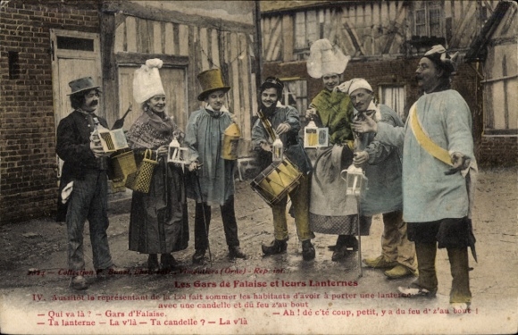 Postcard Falaise Calvados, people in traditional costumes, lanterns
