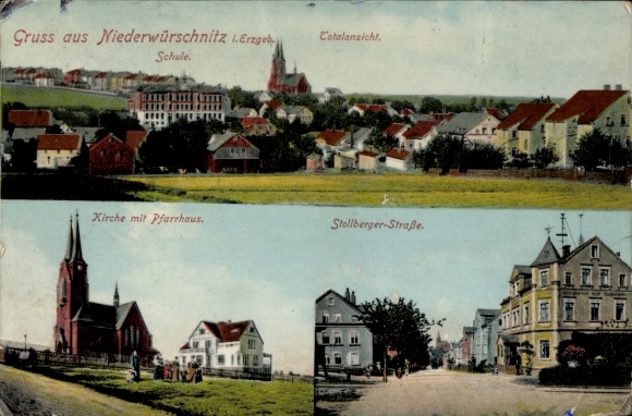 Ak Niederwürschnitz im Erzgebirge Sachsen, Totalansicht, Kirche, Pfarrhaus, Stollberger Straße