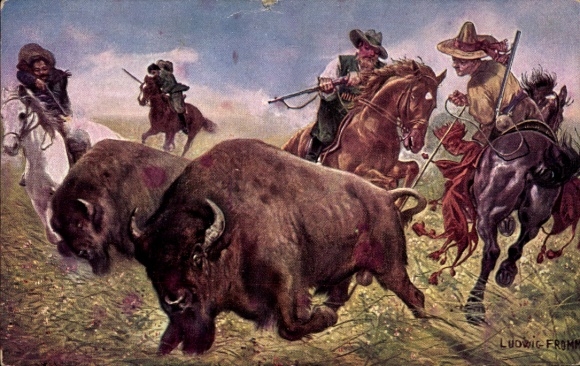 Artist Postcard Fromme, Ludwig, Men on the Bison Hunt