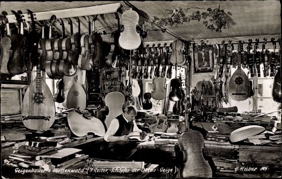 Postcard Mittenwald in Oberbayern, violin making, J. Reiter, creator of the original violin