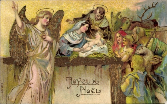 Präge Ak Glückwunsch Weihnachten, Heilige Familie, Engel