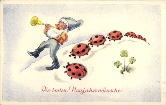 Postcard Happy New Year, Dwarf, Ladybug, Lucky Clover