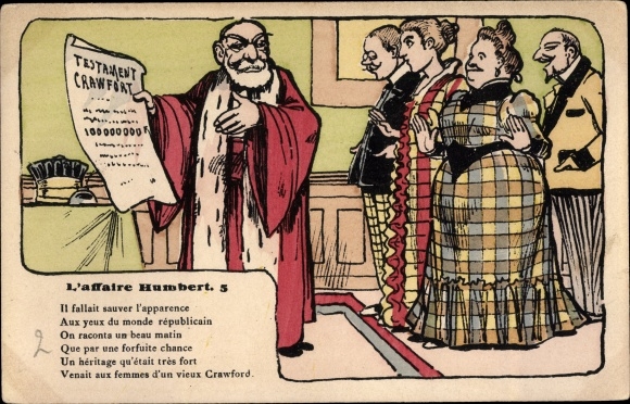 Postcard The Theres Humbert Affair, Karikatur, Testament Crawfort