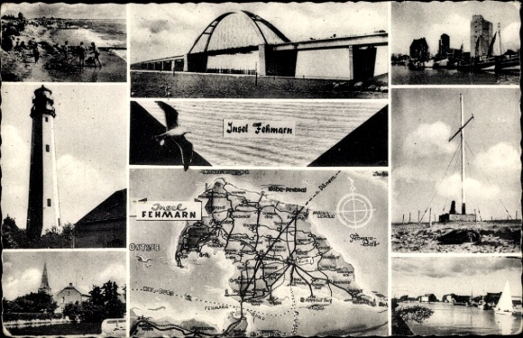 Postcard Insel Fehmarn Ostholstein, general view, map, partial views, lighthouse, bridge