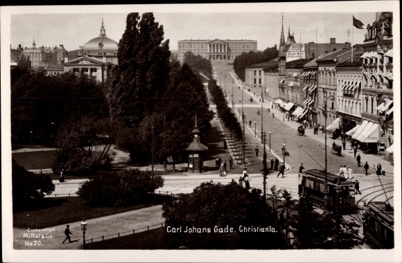 Postcard Kristiania Christiania Oslo Norway, Carl Johans Gade, Tram