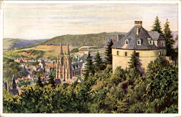 Künstler Ak Lindegreen, K, Marburg an der Lahn, Blick von der Hexenkanzel des Schlosses, Kirche