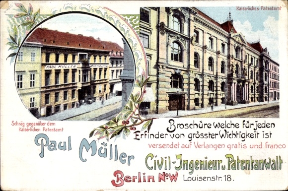 Litho Berlin, Kaiserliches Patentamt, Civil Ingenieur und Patentanwalt Paul Müller, Luisenstraße 18