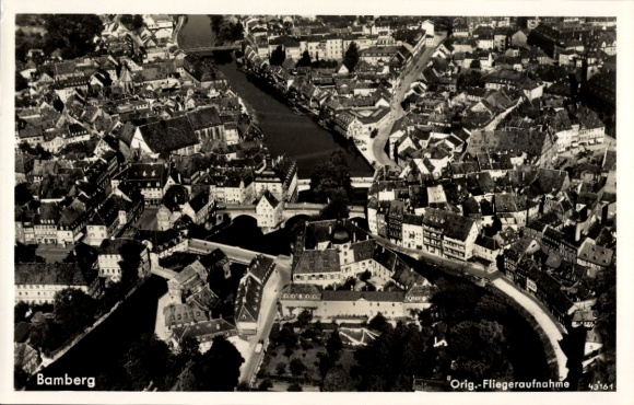 Postcard Bamberg in Upper Franconia, aerial view of idyllic old town, river, buildings