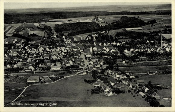Postcard Thannhausen in Swabia, aerial view of numerous houses, landscape, forests