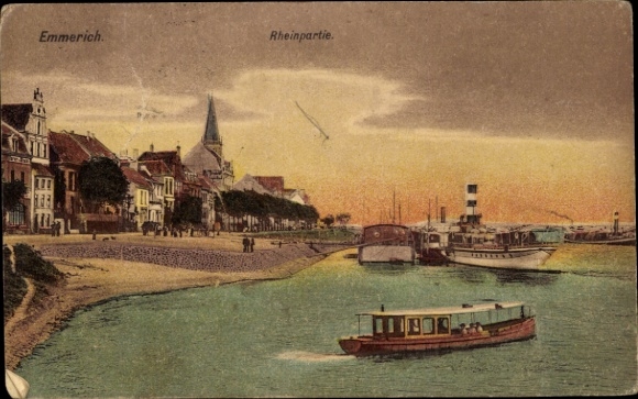 Postcard Emmerich on the Lower Rhine, guided tour through the Rhine bank, city view, boats on the water