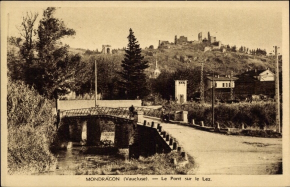 Ak Mondragon Vaucluse, Brücke über den Lez, Burgruine im Hintergrund