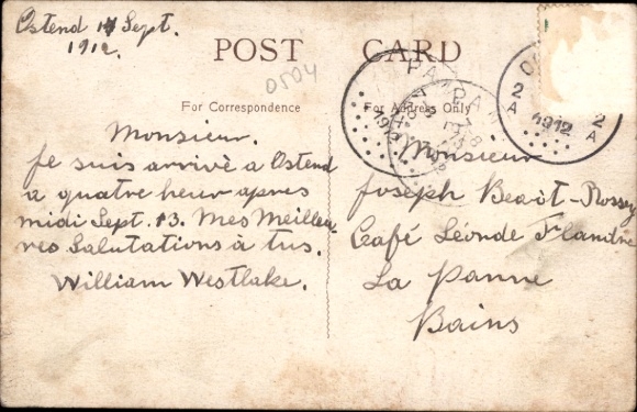 Postcard W. Westlake, crossing the English Channel on a plank, rowing boat